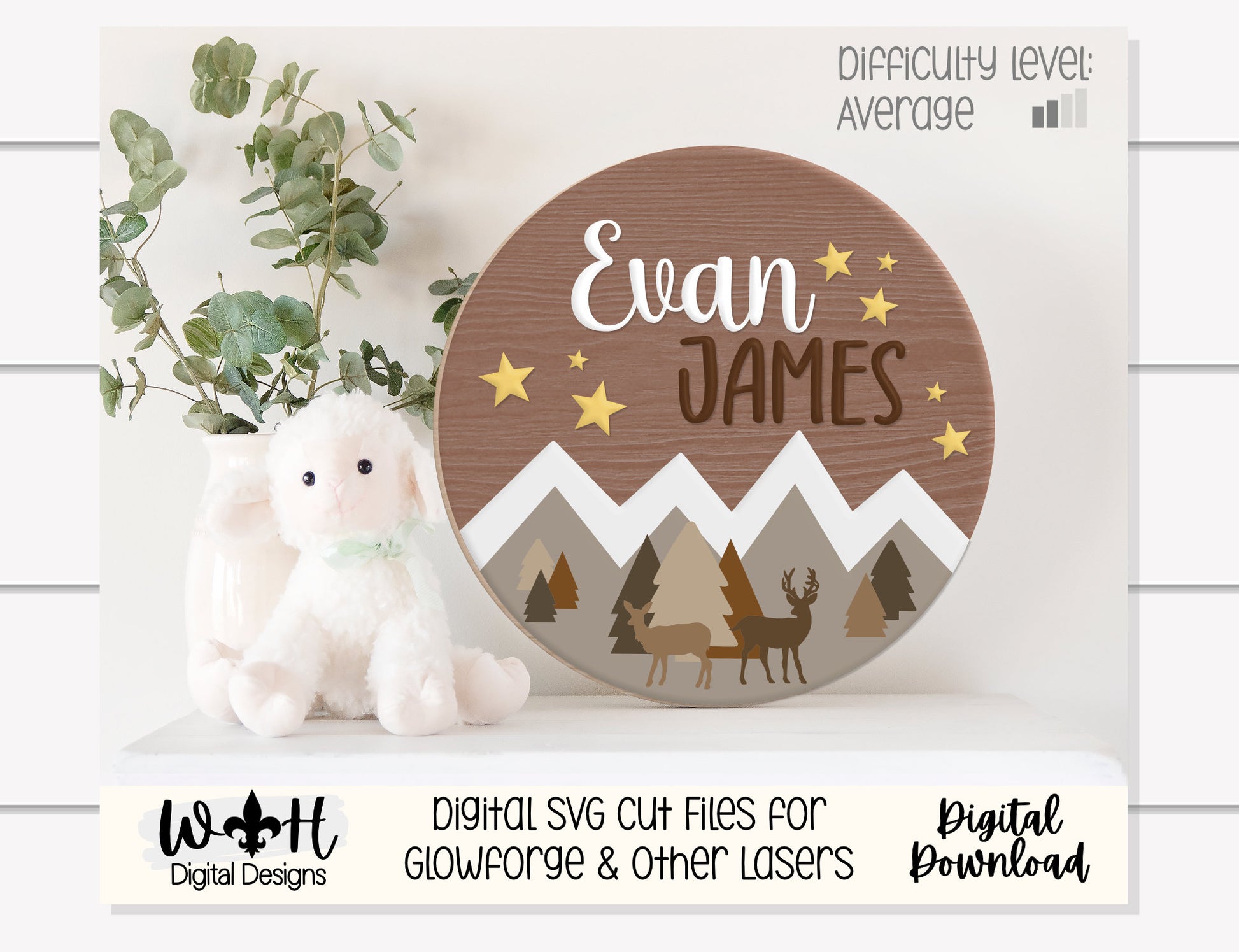 Woodland Deer Mountainscape Baby Nursery Round - Sign Making Home Decor and DIY Kits - Cut File For Glowforge Lasers - Digital SVG File
