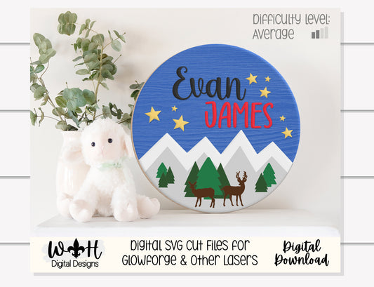 Woodland Deer Mountainscape Baby Nursery Round - Sign Making Home Decor and DIY Kits - Cut File For Glowforge Lasers - Digital SVG File