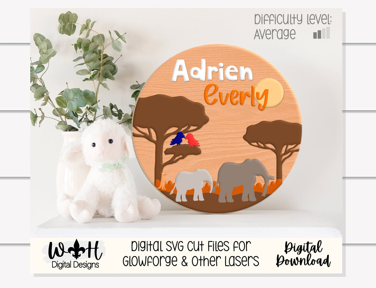 Elephants On the Savanna Baby Nursery Round - Sign Making Home Decor and DIY Kits - Cut File For Glowforge Lasers - Digital SVG File