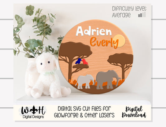 Elephants On the Savanna Baby Nursery Round - Sign Making Home Decor and DIY Kits - Cut File For Glowforge Lasers - Digital SVG File