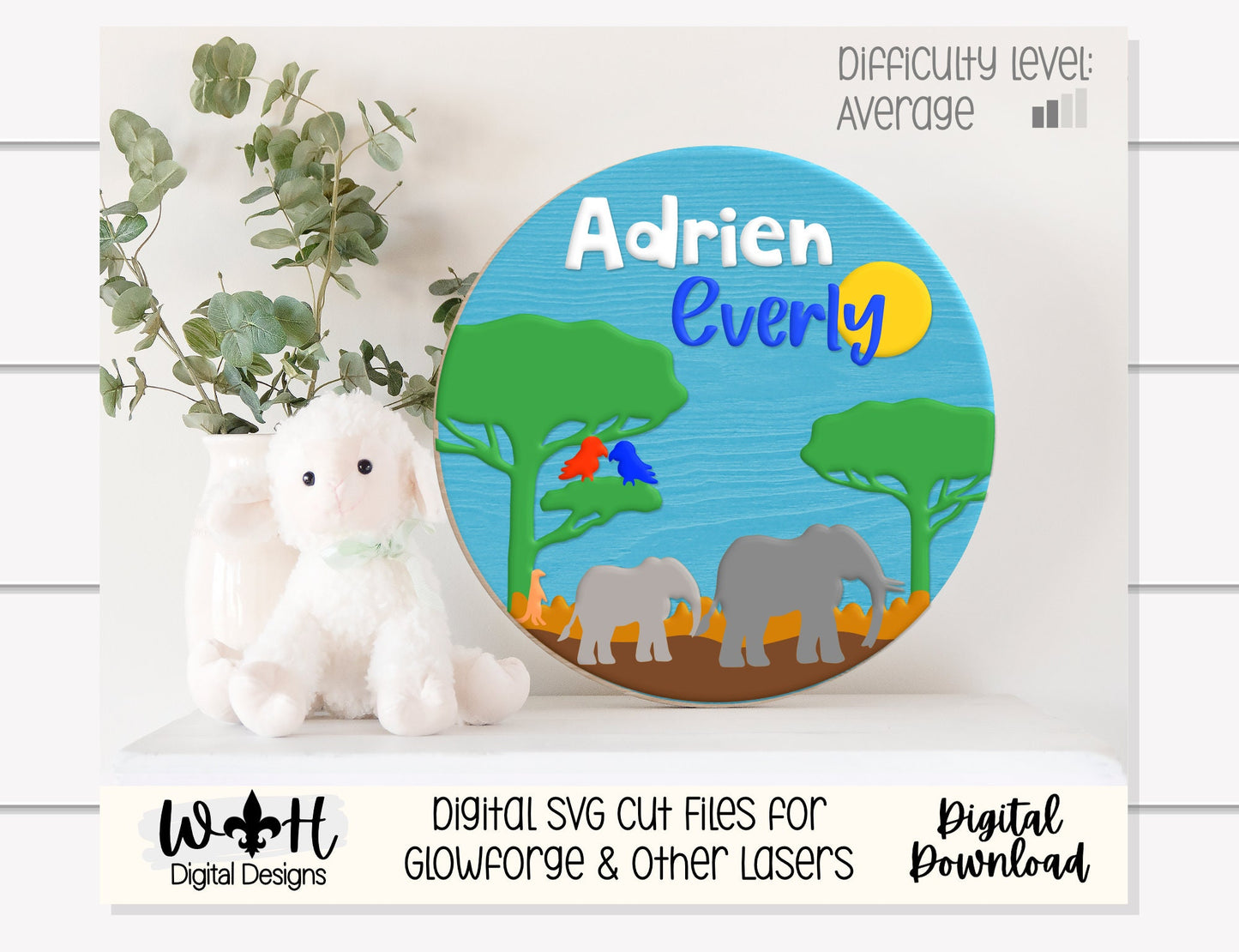 Elephants On the Savanna Baby Nursery Round - Sign Making Home Decor and DIY Kits - Cut File For Glowforge Lasers - Digital SVG File