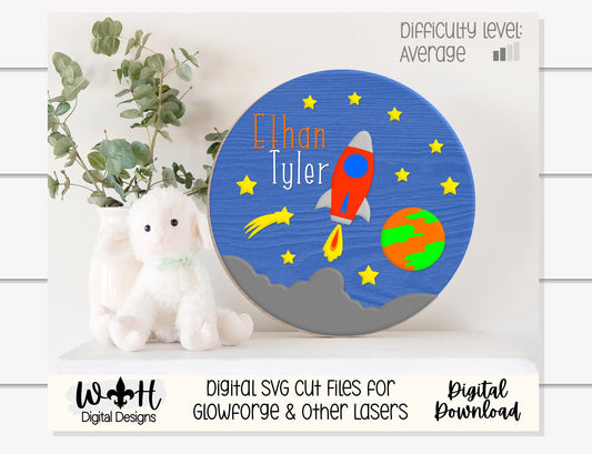 Rocket Ship Blast Off Space Baby Boy Nursery Round - Sign Making Home Decor and DIY Kits - Cut File For Glowforge Lasers - Digital SVG File