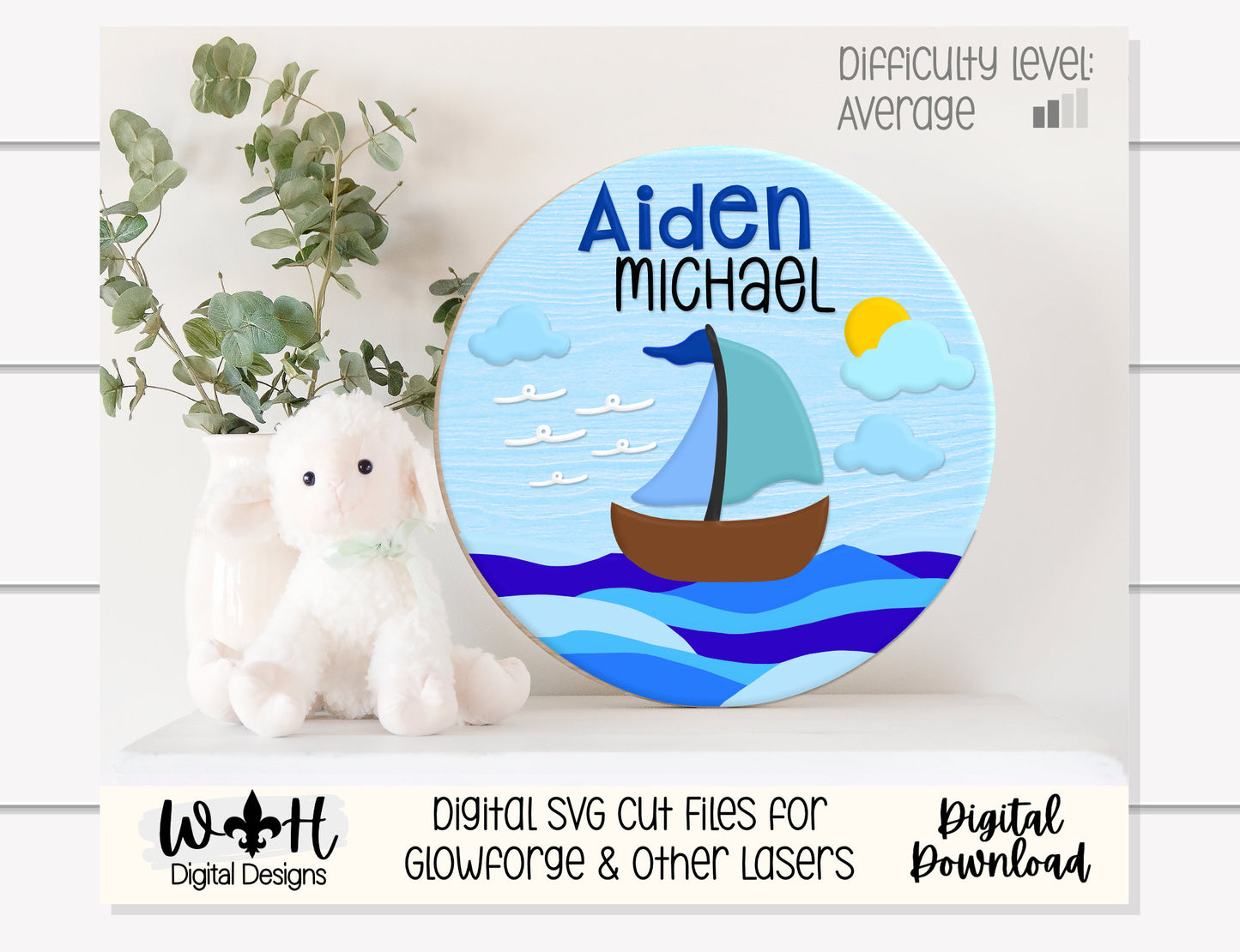 Ocean Waves Nautical Sailboat Baby Nursery Round - Sign Making Home Decor and DIY Kits - Cut File For Glowforge Lasers - Digital SVG File