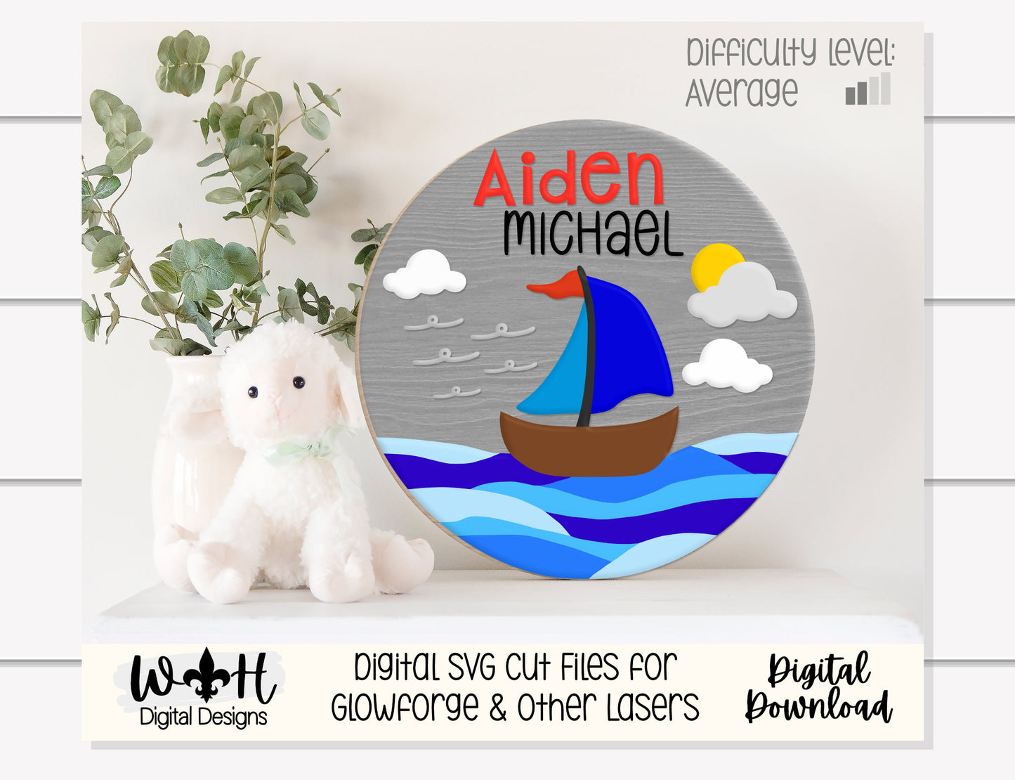 Ocean Waves Nautical Sailboat Baby Nursery Round - Sign Making Home Decor and DIY Kits - Cut File For Glowforge Lasers - Digital SVG File