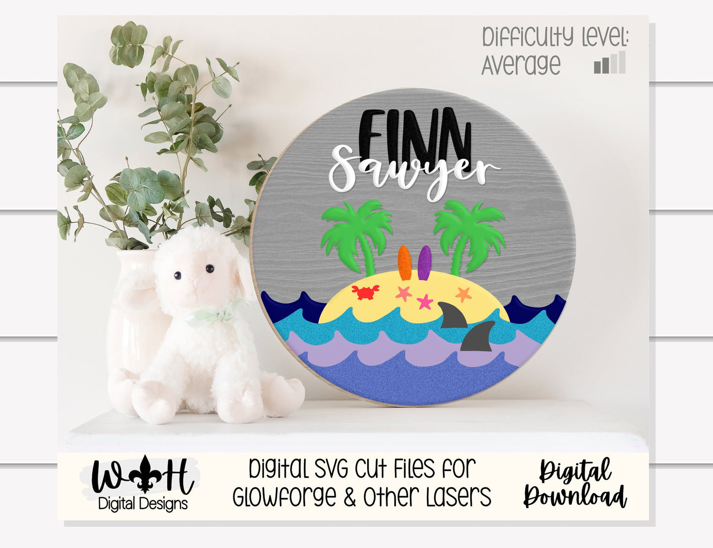 Surfing In Paradise Shark Island Baby Nursery Round - Sign Making Home Decor and DIY Kits - Cut File For Glowforge Lasers - Digital SVG File
