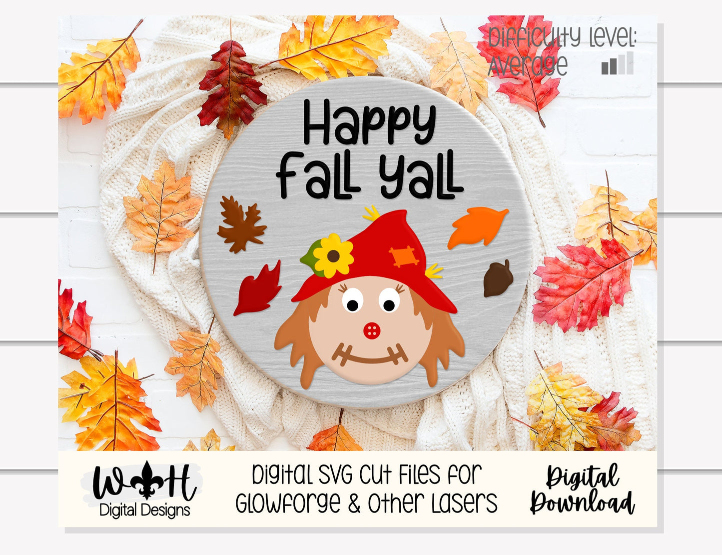Happy Fall Yall Scarecrow Autumn Door Hanger Round - Seasonal Sign Making and DIY Kits - Cut File For Glowforge Lasers - Digital SVG File