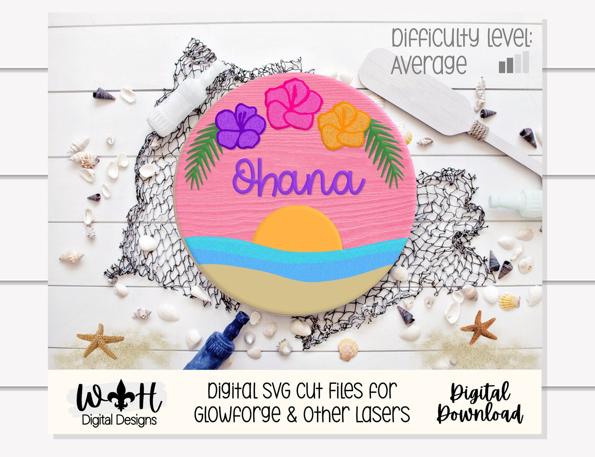 Ohana Hibiscus Sunset Beach Door Hanger - Summer Floral Sign Making and DIY Kits - Cut File For Glowforge Laser - Digital SVG File