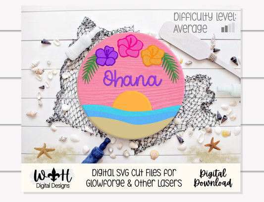 Ohana Hibiscus Sunset Beach Door Hanger - Summer Floral Sign Making and DIY Kits - Cut File For Glowforge Laser - Digital SVG File
