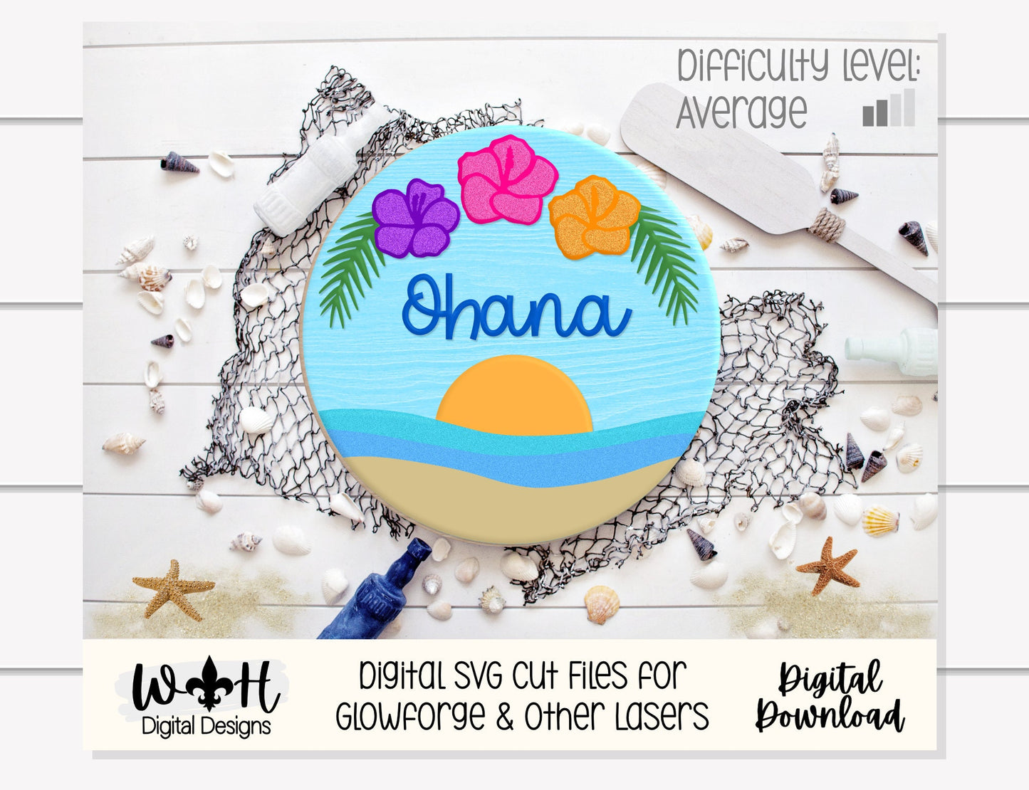 Ohana Hibiscus Sunset Beach Door Hanger - Summer Floral Sign Making and DIY Kits - Cut File For Glowforge Laser - Digital SVG File