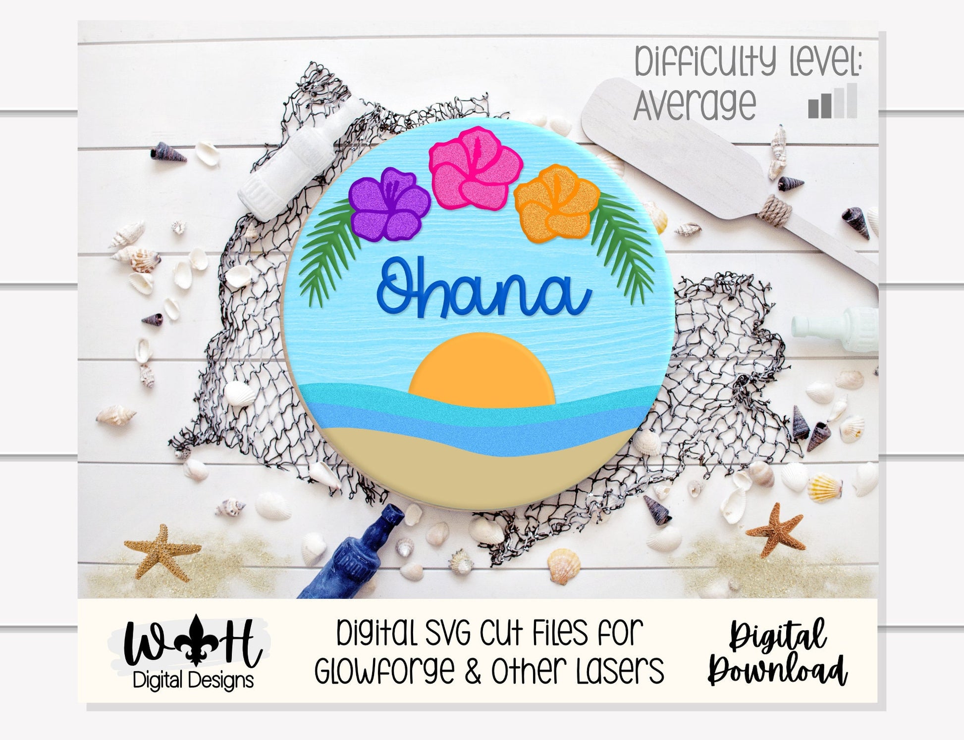 Ohana Hibiscus Sunset Beach Door Hanger - Summer Floral Sign Making and DIY Kits - Cut File For Glowforge Laser - Digital SVG File