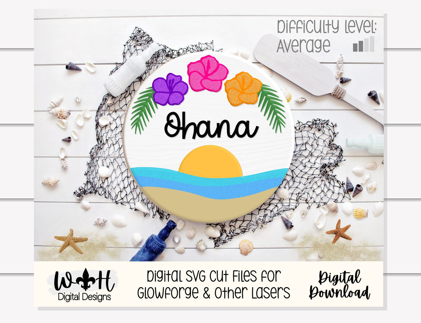 Ohana Hibiscus Sunset Beach Door Hanger - Summer Floral Sign Making and DIY Kits - Cut File For Glowforge Laser - Digital SVG File