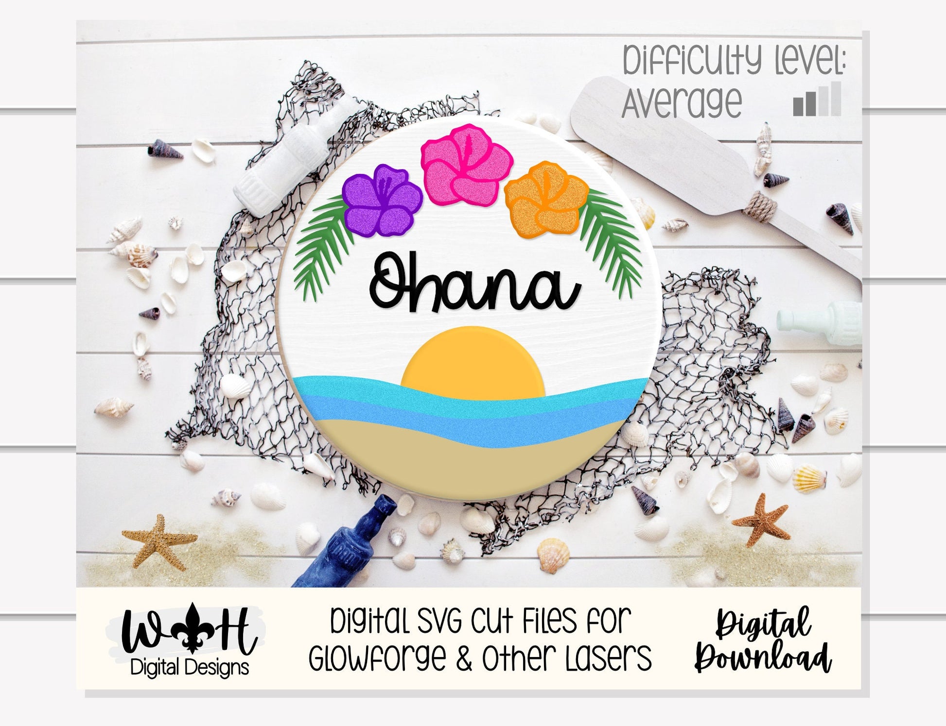 Ohana Hibiscus Sunset Beach Door Hanger - Summer Floral Sign Making and DIY Kits - Cut File For Glowforge Laser - Digital SVG File