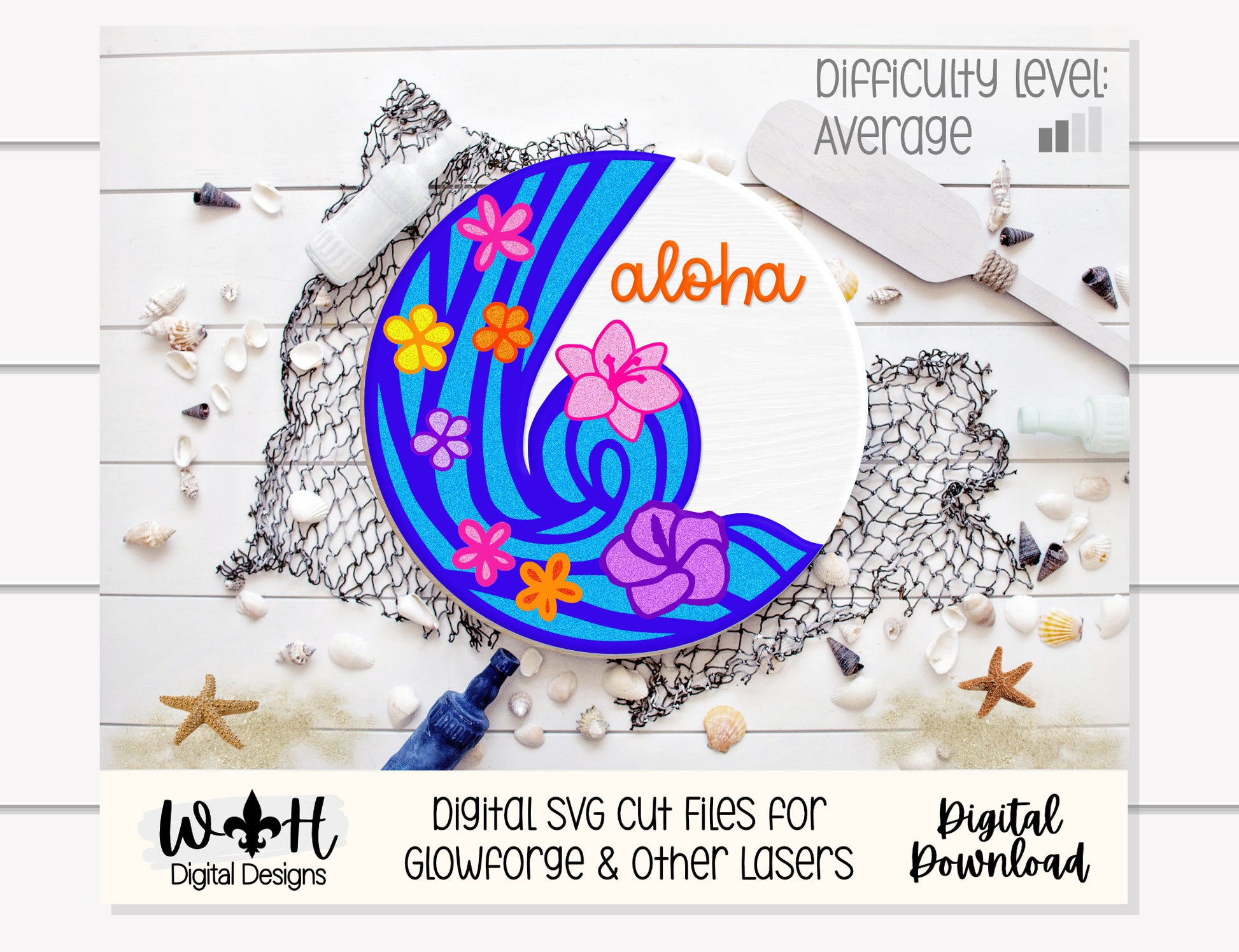 Aloha Waterfall Door Hanger Round - Summer Floral Sign Making and DIY Kits - Single Line Cut File For Glowforge Laser - Digital SVG File