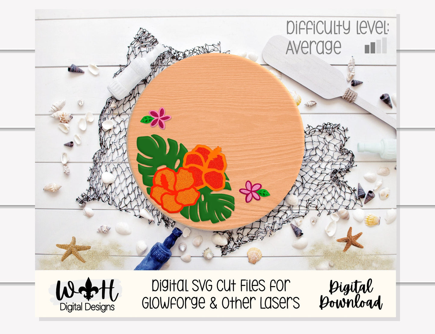 Monstera Hibiscus Plumeria Door Round - Summer Floral Sign Making and DIY Kits - Single Line Cut File For Glowforge Laser - Digital SVG File