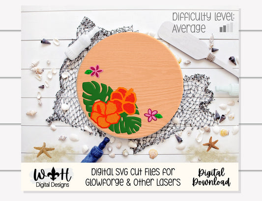 Monstera Hibiscus Plumeria Door Round - Summer Floral Sign Making and DIY Kits - Single Line Cut File For Glowforge Laser - Digital SVG File