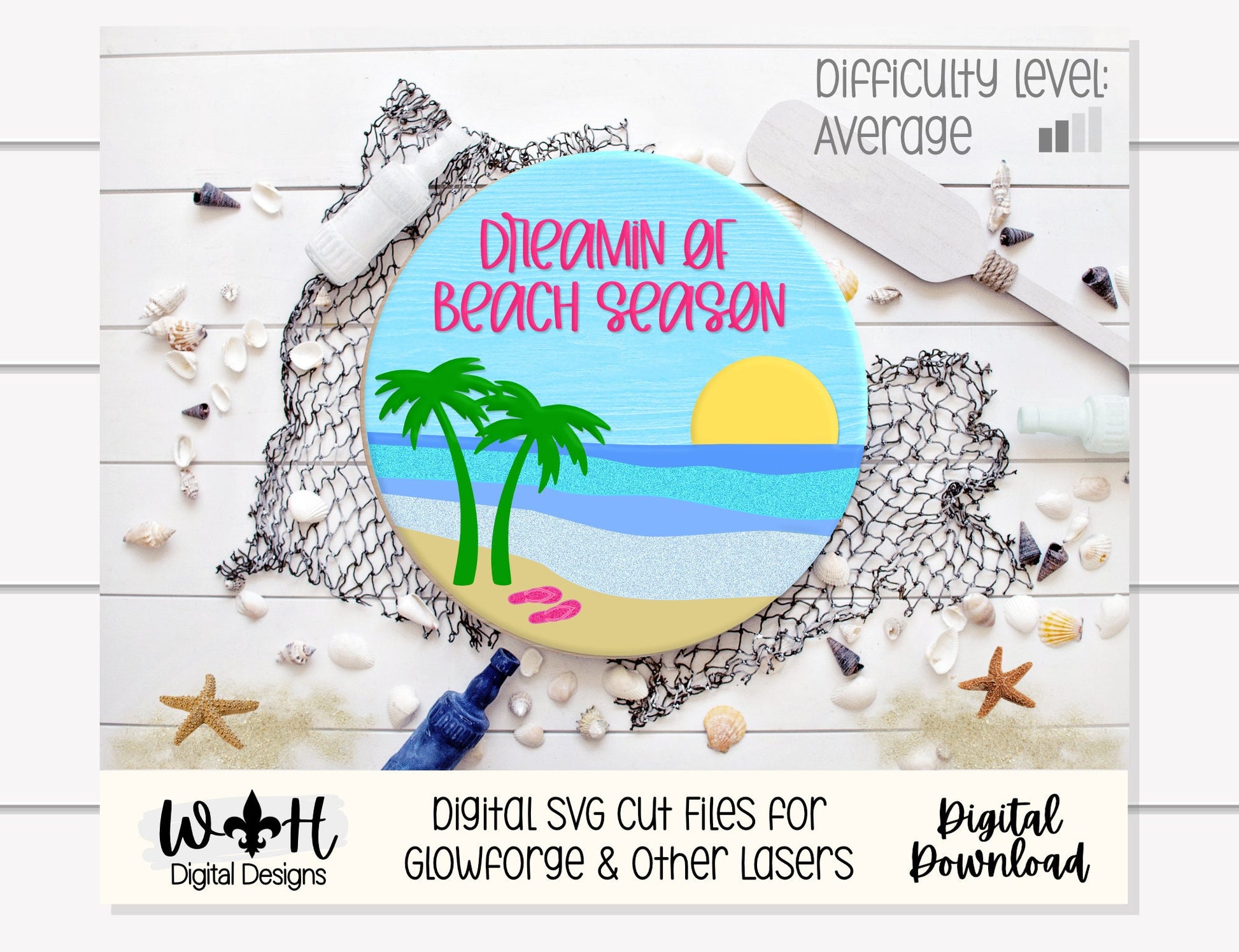 Dreamin of Beach Season Summer Door Hanger Round - Sign Making and DIY Kits - Cut File For Glowforge Lasers - Digital SVG File