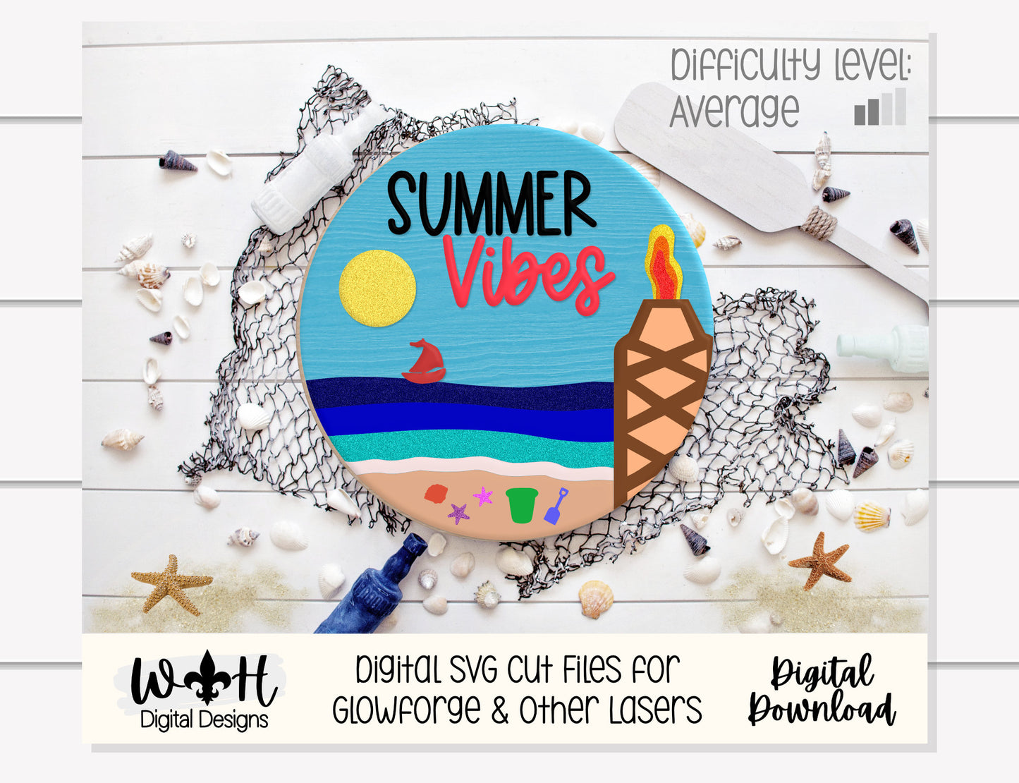 Summer Vibes Tiki Bonfire Beach Door Hanger Round - Sign Making and DIY Kits - Cut File For Glowforge Lasers - Digital SVG File