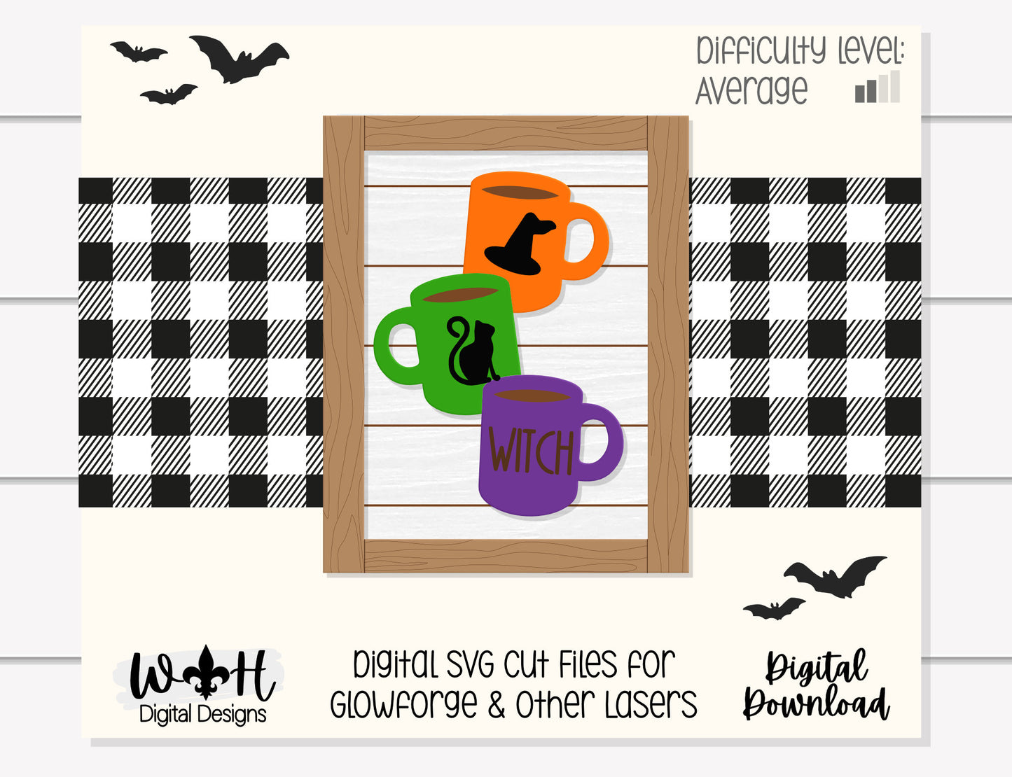 Witch Stacked Coffee Mugs Farmhouse Frame Sign - Halloween Tiered Tray Decor and DIY Kits - Cut File For Glowforge Lasers - Digital SVG File