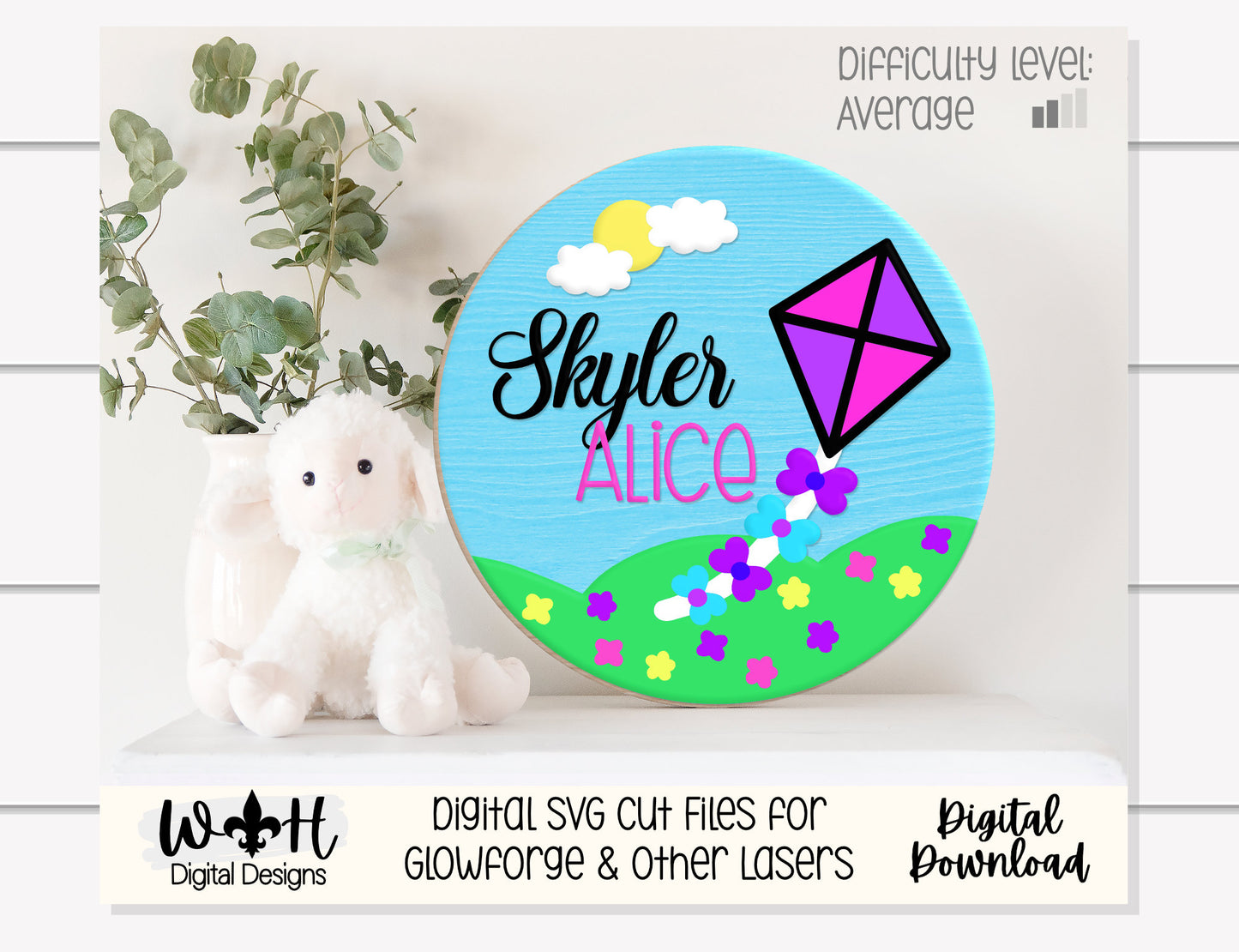 Spring Kite Flying Baby Girl Nursery Round - Floral Sign Making Home Decor and DIY Kits - Cut File For Glowforge Lasers - Digital SVG File