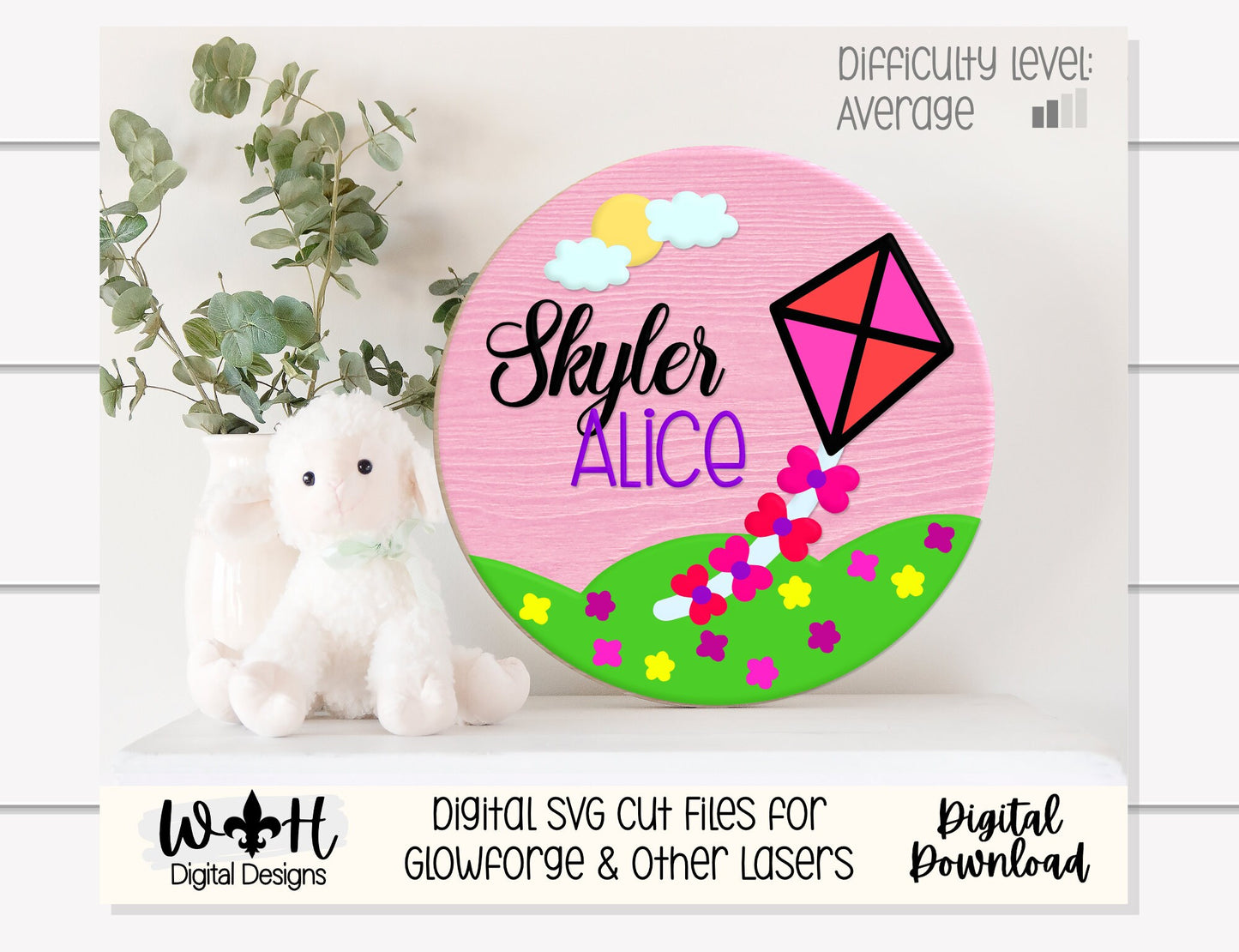 Spring Kite Flying Baby Girl Nursery Round - Floral Sign Making Home Decor and DIY Kits - Cut File For Glowforge Lasers - Digital SVG File
