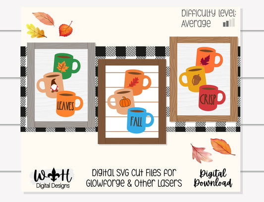 Fall Stacked Coffee Mugs Farmhouse Frame Sign Bundle - Tiered Tray Decor and DIY Kits - Cut File For Glowforge Lasers - Digital SVG File