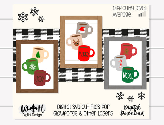 Christmas Stacked Coffee Mugs Farmhouse Frame Sign Bundle - Tiered Tray Decor and DIY Kits - Cut File For Glowforge Laser - Digital SVG File