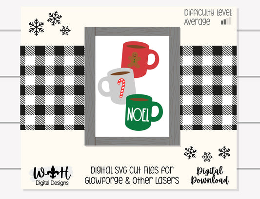 Noel Stacked Coffee Mugs Farmhouse Frame Sign - Christmas Tiered Tray Decor and DIY Kits - Cut File For Glowforge Lasers - Digital SVG File