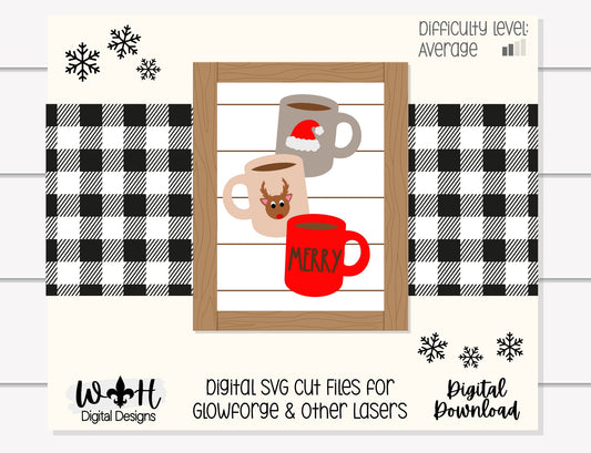 Merry Stacked Coffee Mugs Farmhouse Frame Sign - Christmas Tiered Tray Decor and DIY Kits - Cut File For Glowforge Lasers - Digital SVG File