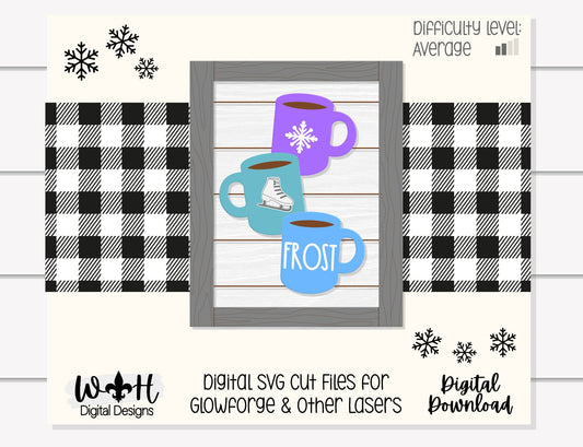 Frost Stacked Coffee Mugs Farmhouse Frame Sign - Winter Tiered Tray Decor and DIY Kits - Cut File For Glowforge Lasers - Digital SVG File