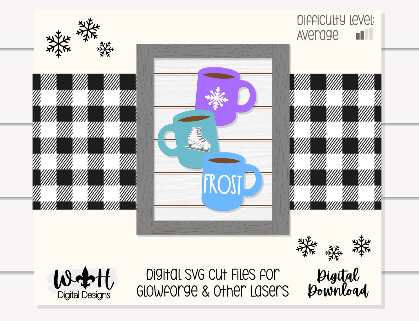 Frost Stacked Coffee Mugs Farmhouse Frame Sign - Winter Tiered Tray Decor and DIY Kits - Cut File For Glowforge Lasers - Digital SVG File