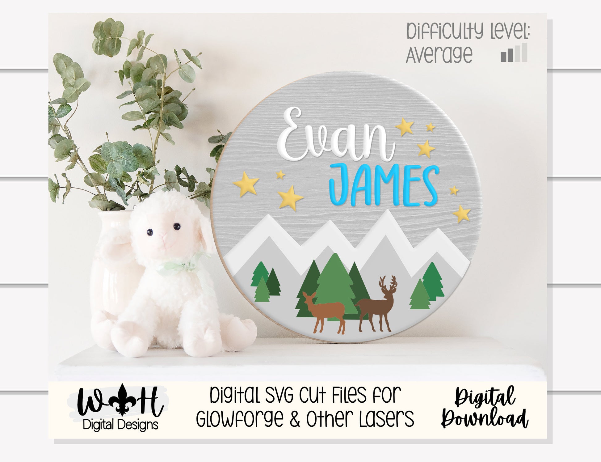Woodland Deer Mountainscape Baby Nursery Round - Sign Making Home Decor and DIY Kits - Cut File For Glowforge Lasers - Digital SVG File