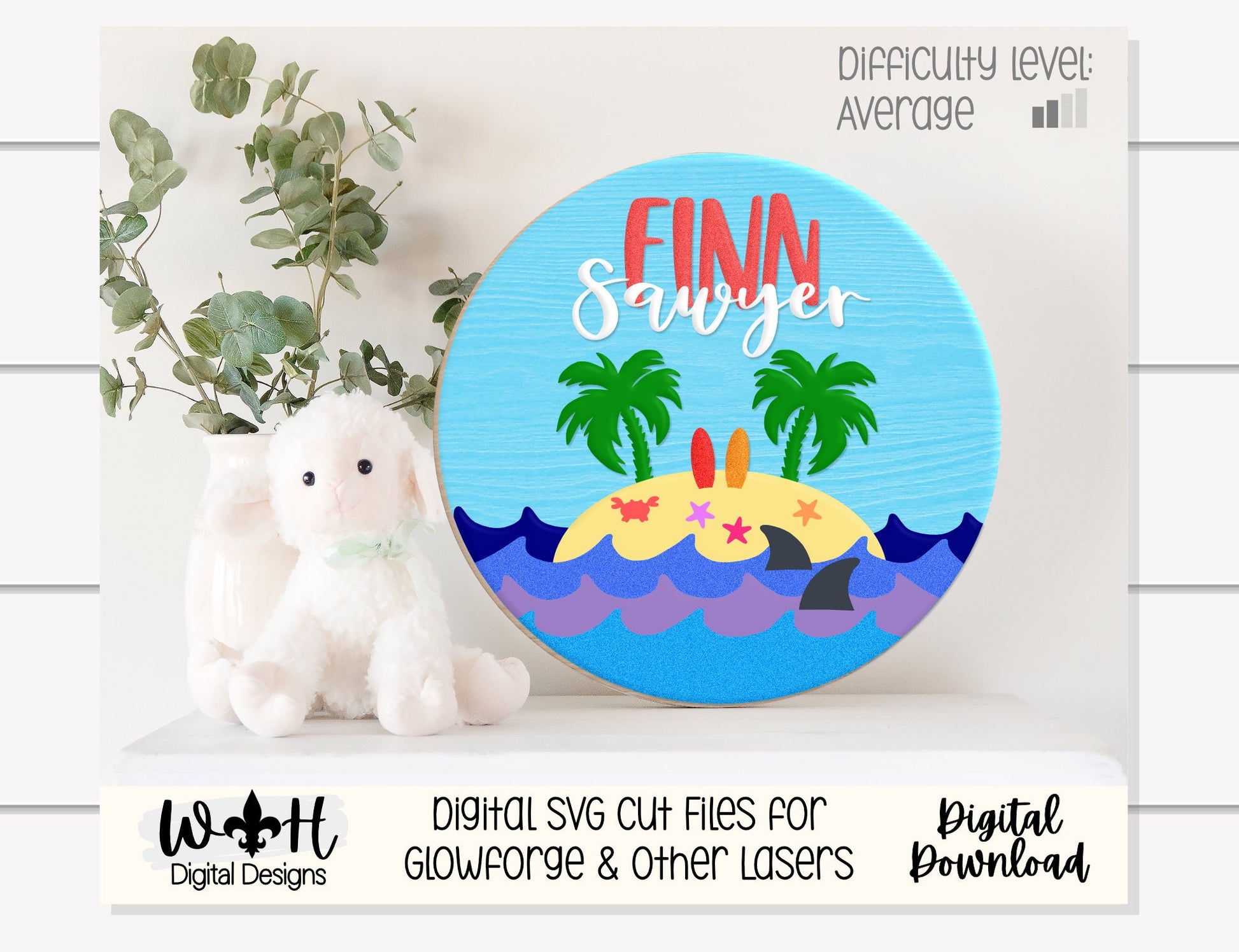 Surfing In Paradise Shark Island Baby Nursery Round - Sign Making Home Decor and DIY Kits - Cut File For Glowforge Lasers - Digital SVG File