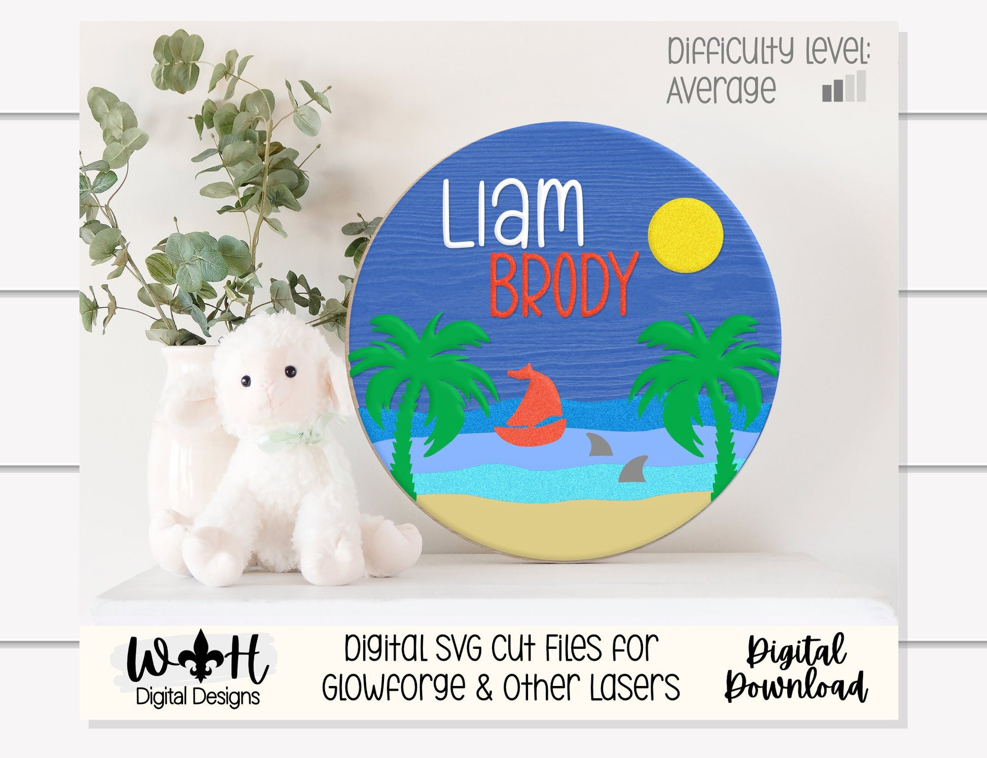 Shark Beach Sailboat Ocean Waves Baby Nursery Round - Sign Making Home Decor and DIY Kits - Cut File For Glowforge Lasers - Digital SVG File