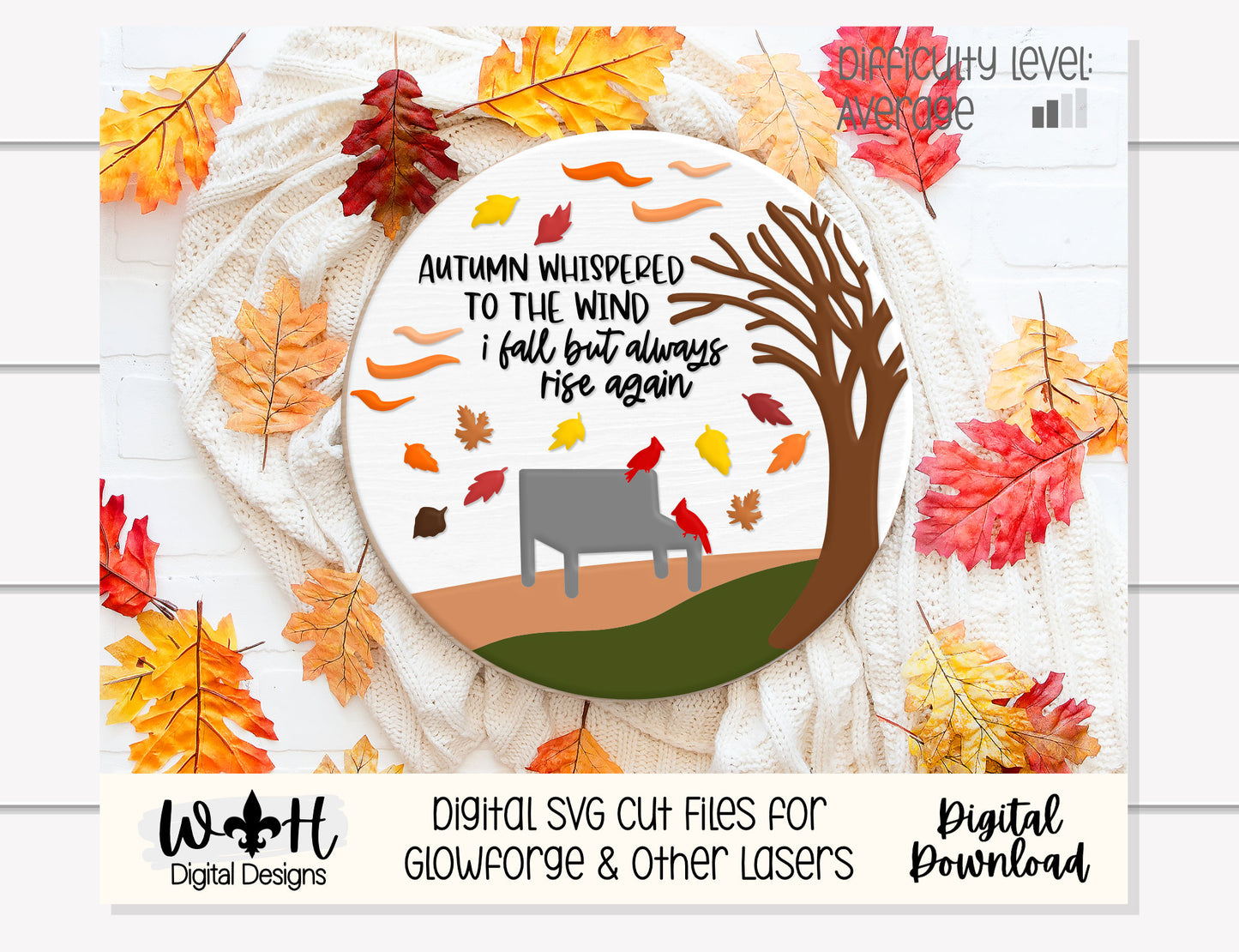 Windy Autumn Day Leaf and Cardinal Door Hanger Round - Seasonal Sign Making and DIY Kits - Cut File For Glowforge Laser - Digital SVG File