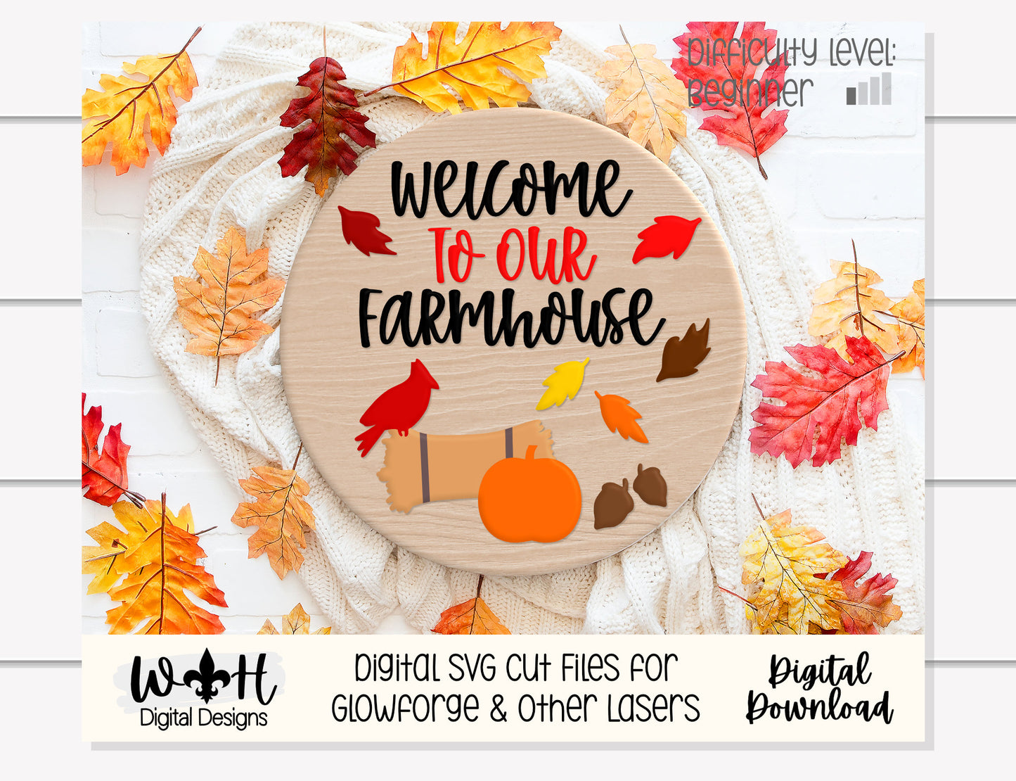 Welcome To Our Farmhouse Autumn Seasonal Round - Fall Door Hanger - Files for Sign Making - SVG Cut File For Glowforge Pro - Digital File