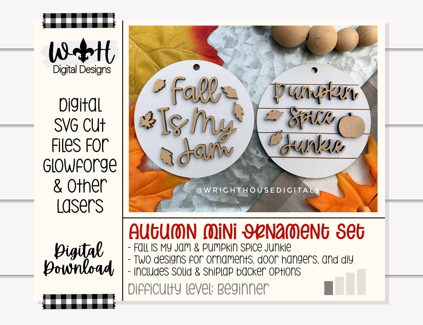 Fall is My Jam Pumpkin Spice Junkie Fall Traditions Mini Ornament Set - Files for Cutting Machines and Glowforge Lasers - Digital SVG File