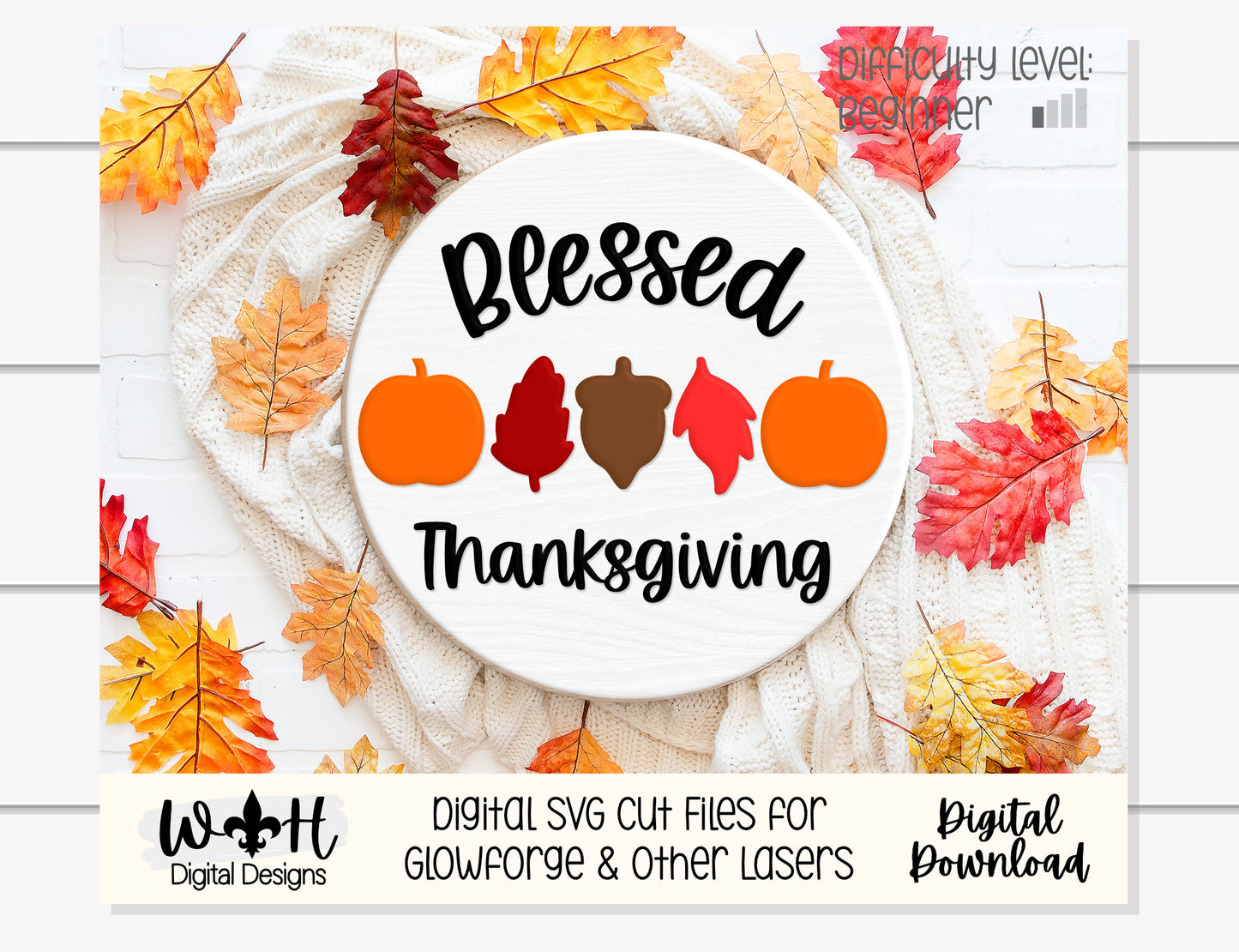 Happy and Blessed Thanksgiving Pumpkin Round Bundle - Seasonal Sign Making and DIY Kits - Cut File For Glowforge Laser - Digital SVG File