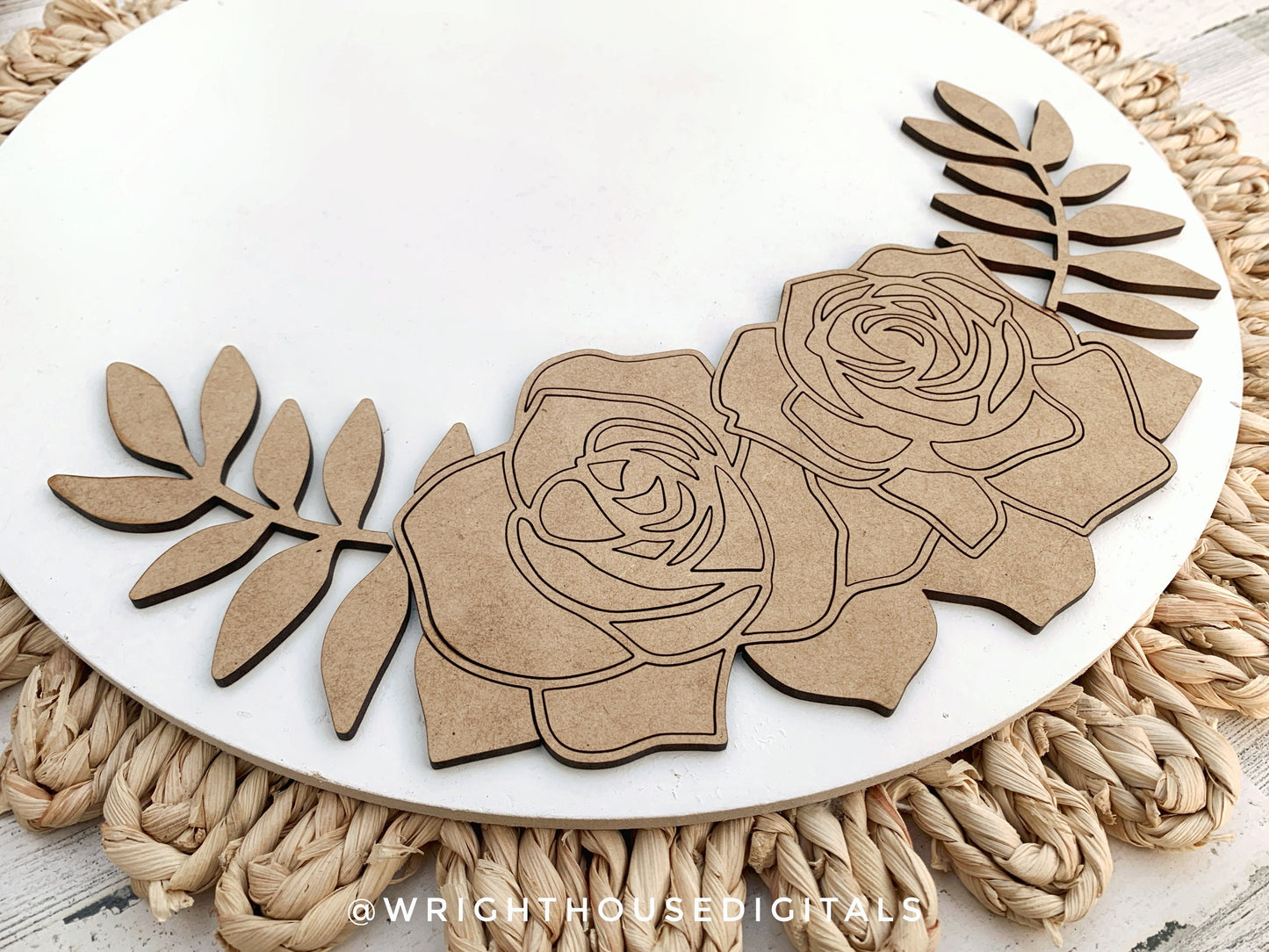 Cottagecore Roses and Greenery Door Hanger - Spring Floral Sign Making and DIY Kits - Cut File For Glowforge Laser - Digital SVG File