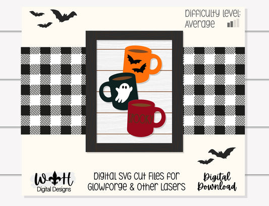 Spooky Stacked Coffee Mugs Farmhouse Frame Sign - Halloween Tiered Tray Decor and DIY Kits - Cut File For Glowforge Laser - Digital SVG File