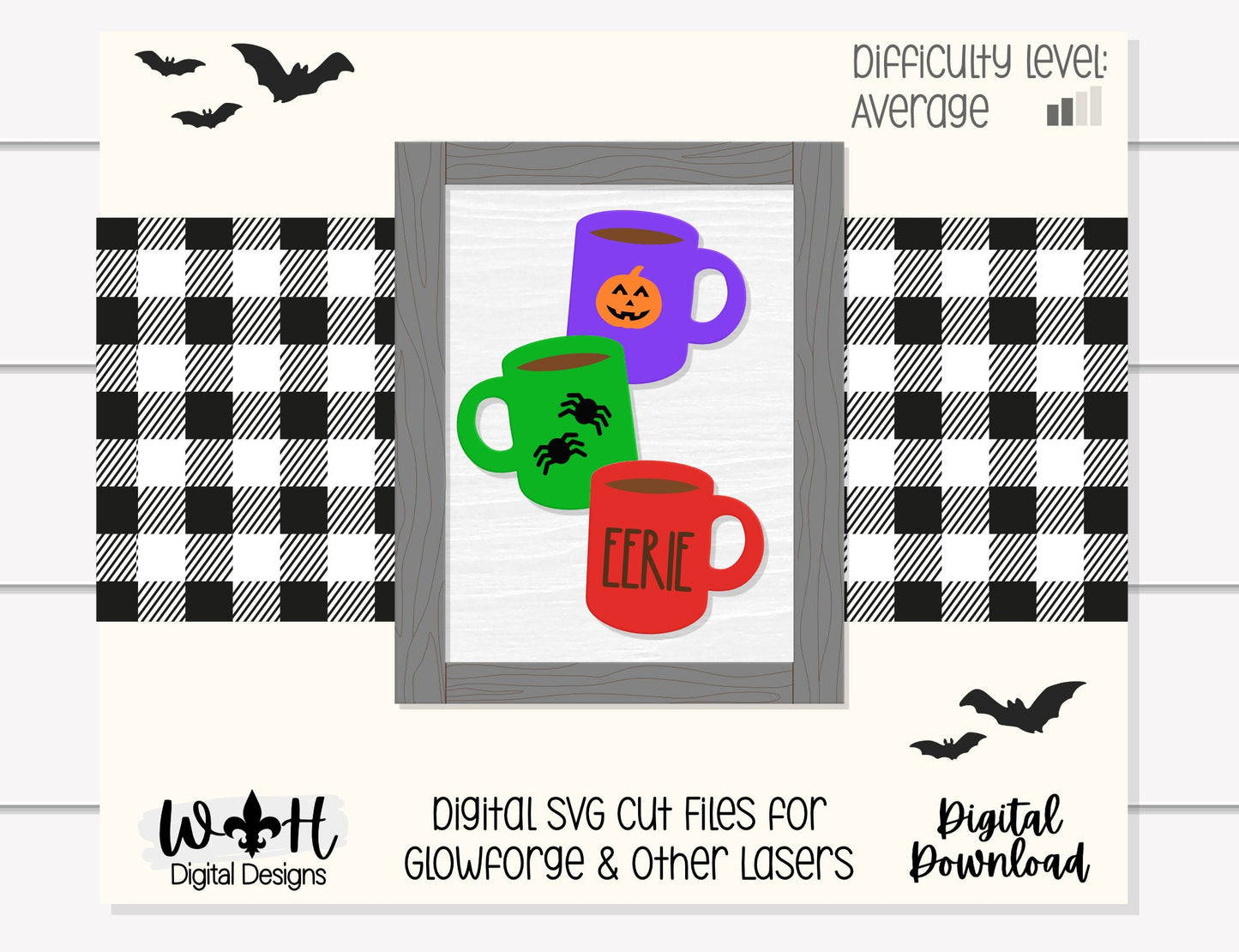 Eerie Stacked Coffee Mugs Farmhouse Frame Sign - Halloween Tiered Tray Decor and DIY Kits - Cut File For Glowforge Lasers - Digital SVG File