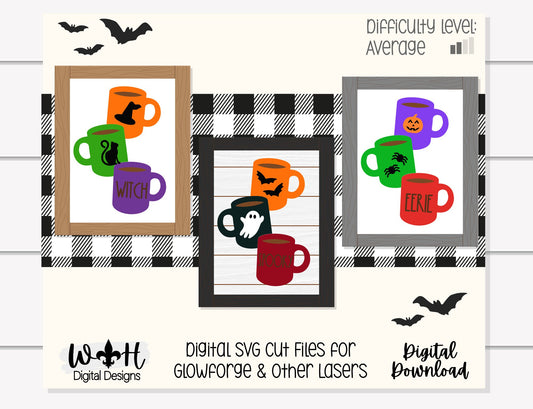 Halloween Stacked Coffee Mugs Farmhouse Frame Sign Bundle - Tiered Tray Decor and DIY Kits - Cut File For Glowforge Laser - Digital SVG File
