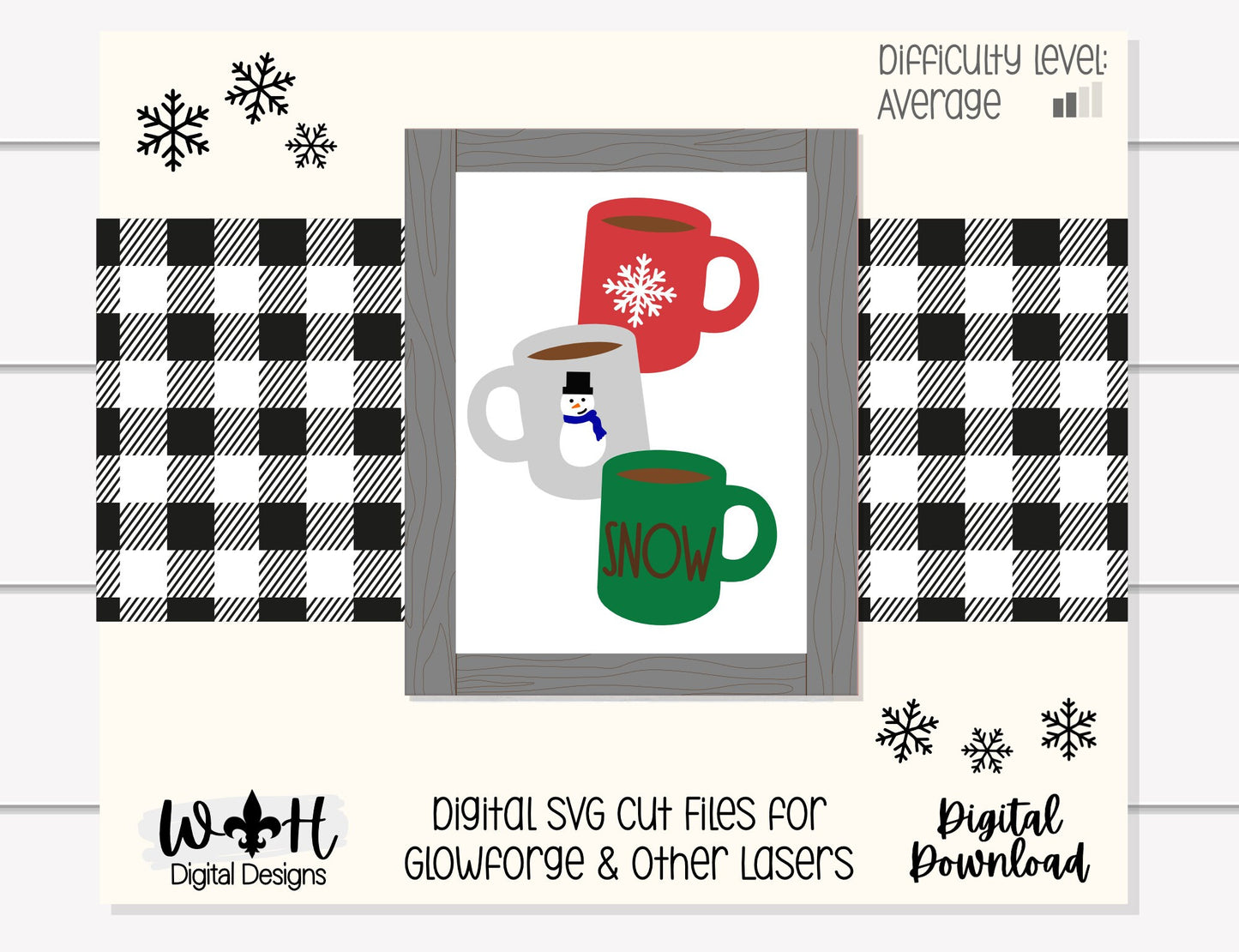 Snow Stacked Coffee Mugs Farmhouse Frame Sign - Winter Tiered Tray Decor and DIY Kits - Cut File For Glowforge Lasers - Digital SVG File