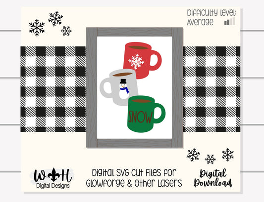 Snow Stacked Coffee Mugs Farmhouse Frame Sign - Winter Tiered Tray Decor and DIY Kits - Cut File For Glowforge Lasers - Digital SVG File