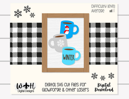 Winter Stacked Coffee Mugs Farmhouse Frame Sign - Seasonal Tiered Tray Decor and DIY Kits - Cut File For Glowforge Lasers - Digital SVG File