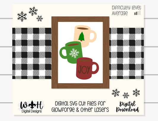 Joy Stacked Coffee Mugs Farmhouse Frame Sign - Christmas Tiered Tray Decor and DIY Kits - Cut File For Glowforge Lasers - Digital SVG File