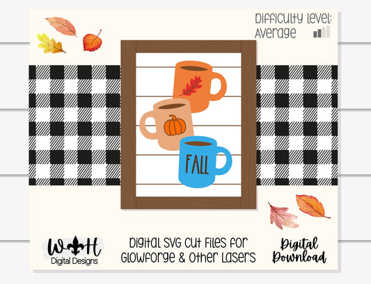 Fall Stacked Coffee Mugs Farmhouse Frame Sign - Autumn Tiered Tray Decor and DIY Kits - Cut File For Glowforge Lasers - Digital SVG File