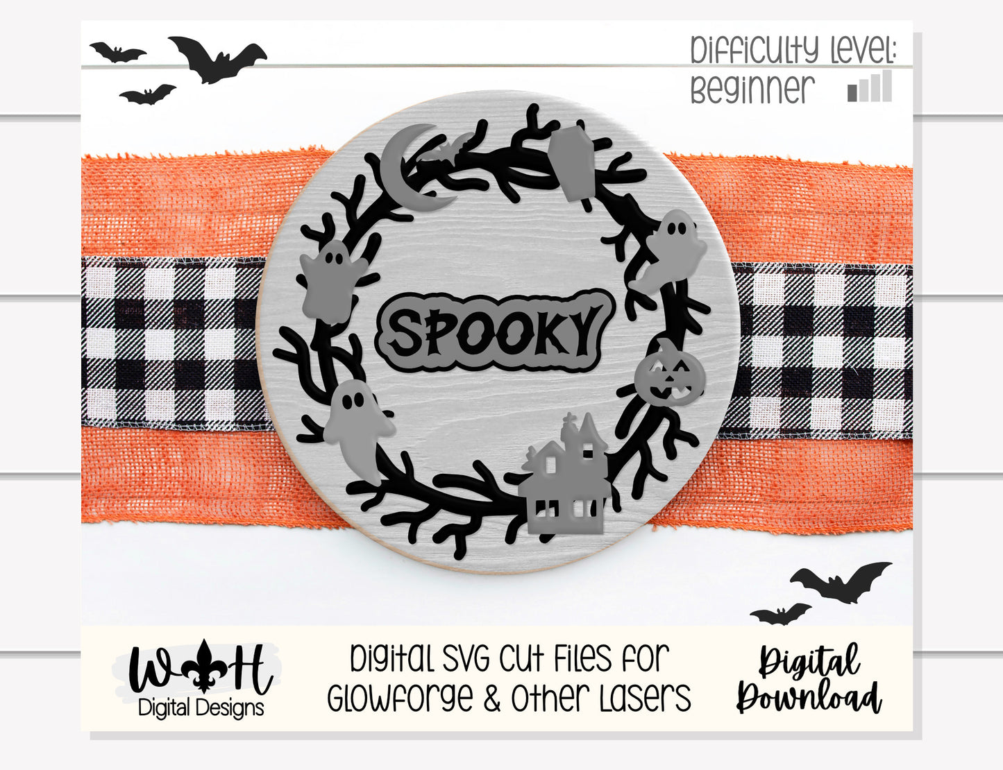 Spooky Haunted Halloween Wreath Door Hanger Round - Seasonal Sign Making and DIY Kits - Cut File For Glowforge Lasers - Digital SVG File