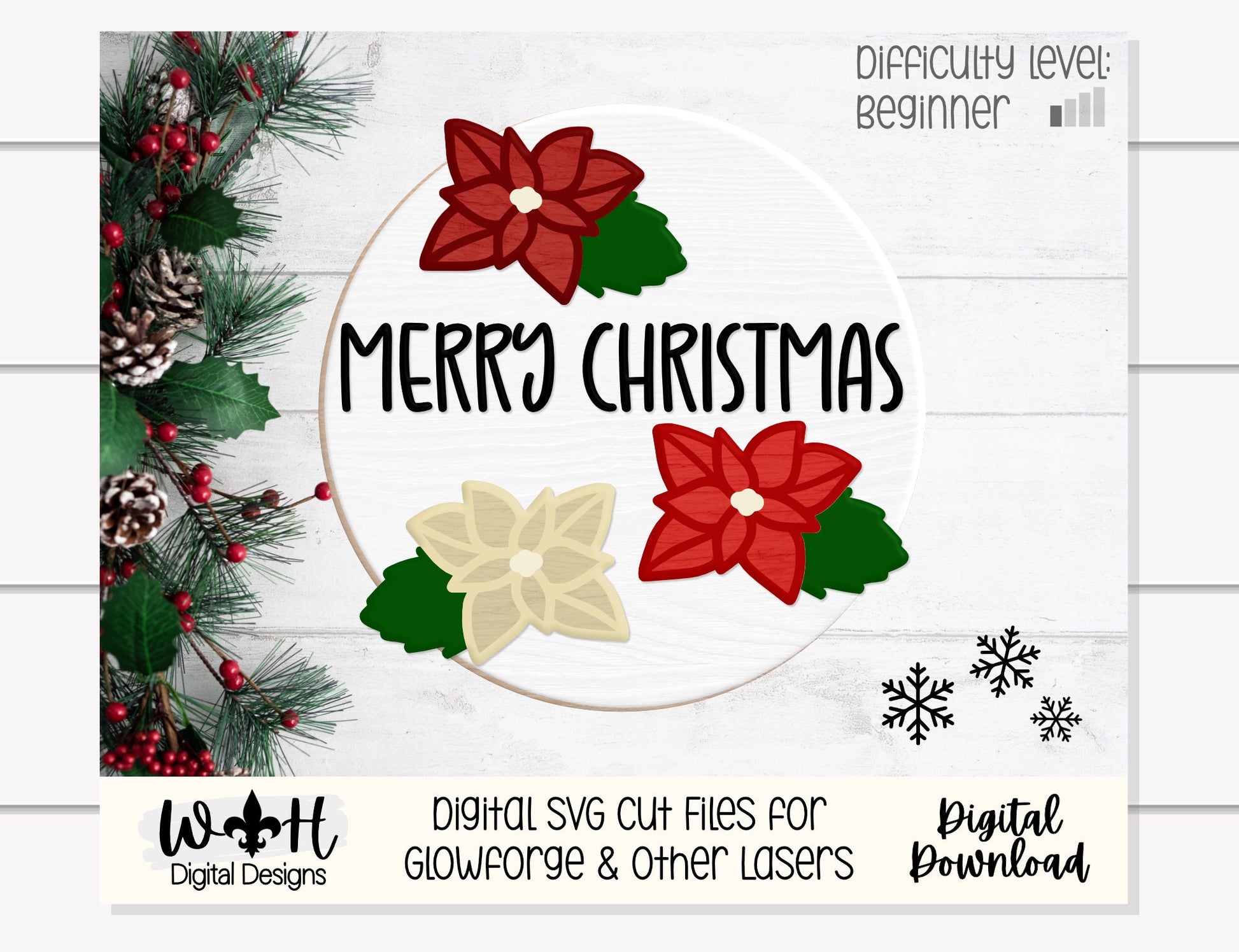 Poinsettia Christmas Welcome Home Floral Round - Sign Making and DIY Kits - Single Line Cut File For Glowforge Lasers - Digital SVG File
