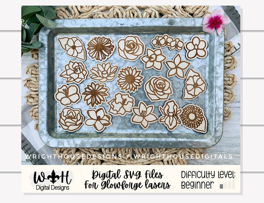 Flower Magnets Scrap Busters - Handdrawn Florals For Tiered Tray Decor and DIY Kits - Beginner File For Glowforge Laser - Digital SVG File