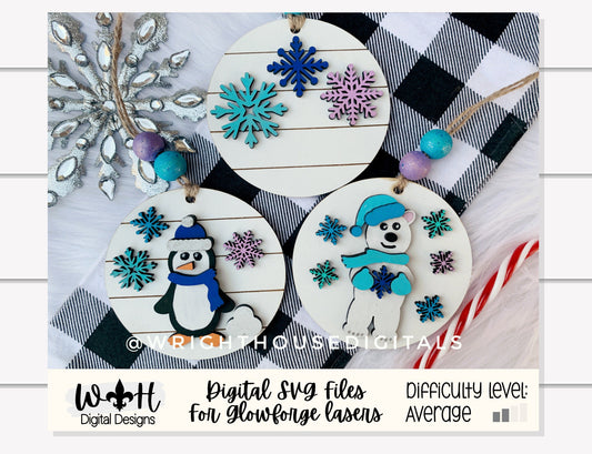 Winter Icons Snowflake Penguin Polar Bear - Modern Farmhouse Mini Ornament Set - Personalizable Cut File For Glowforge - Digital SVG File